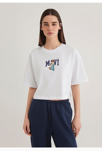 Mavi tricou crop alb cu imprimeu cu logo-ul pisicii