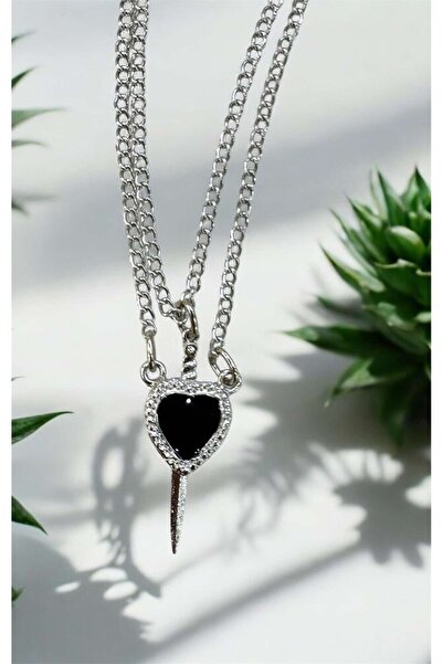 Herşey Nota Kalp Kılıç Siyah İkili 925 Ayar Gümüş Kaplama Kolye