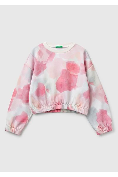 United Colors of Benetton Girl's Pink Mix All Patterned Ribbed Sweatshirt with Logo Label