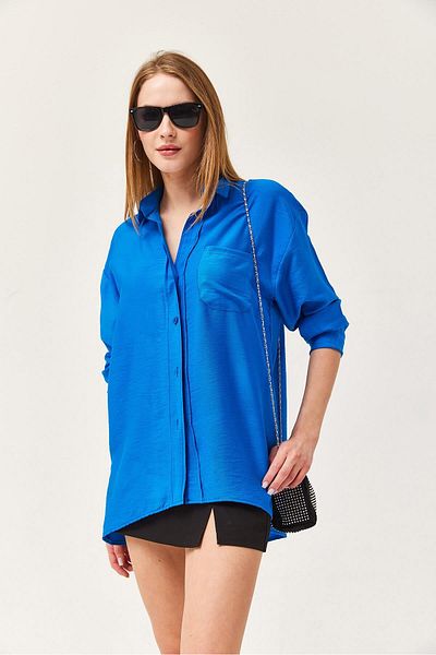 CALİENTE Long Sleeve Pocket Detailed Basic Shirt Blue