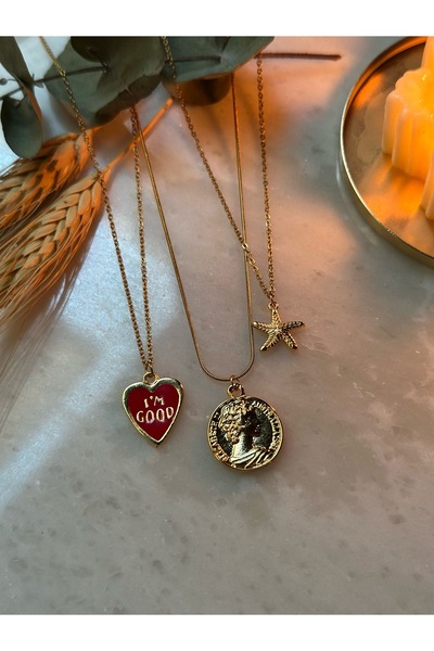 MİOSA 316L Kararmaz Çelik Altın Kaplama Madalyon/Deniz Yıldızı Üçlü Kolye Seti
