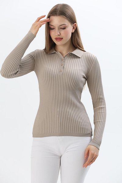 CALİENTE Polo Neck Buttoned Knitwear Blouse Stone Color