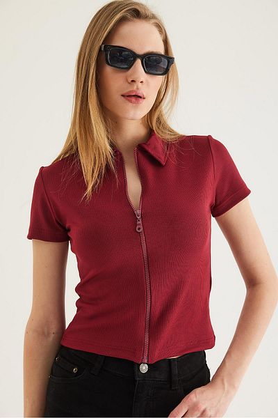 CALİENTE Polo Neck Zippered Camisole Blouse Claret Red
