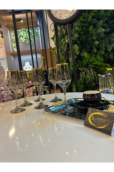 Paşabahçe Ars Pasabahce Grappa Smoked Color Gold Gilded 6 Coffee Side Water Glass, Soft Drink-Soda Glass