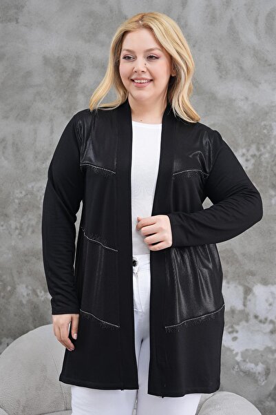 Siyezen Large Size Stone Printed Shiny Fabric Cardigan