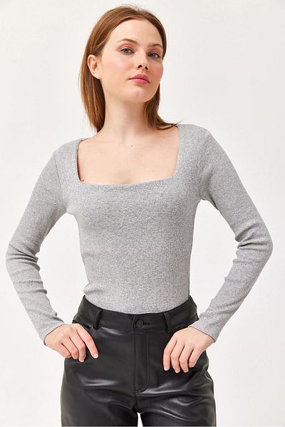 CALİENTE Square Collar Cotton Blouse Gray