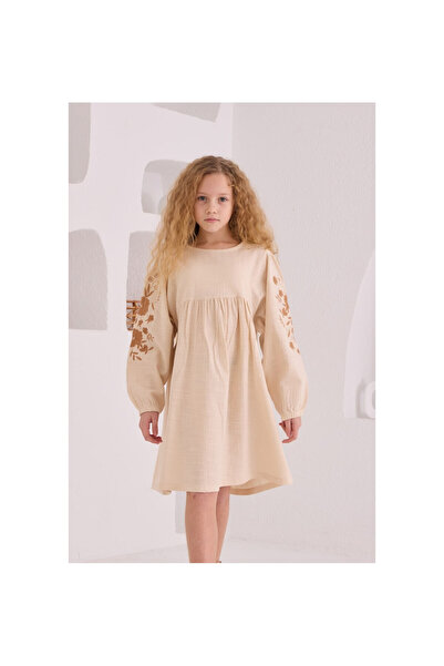 CİCHLİD Girl's Linen Dress with Embroidered Sleeves