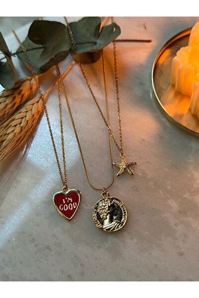 MİOSA 316L Kararmaz Çelik Altın Kaplama Madalyon/Deniz Yıldızı Üçlü Kolye Seti