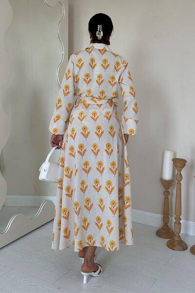 ZISHAN Καλοκαιρινό λινό φόρεμα με λουλουδάτο μοτίβο με λεπτομέρεια με κουμπιά μπροστά 8312