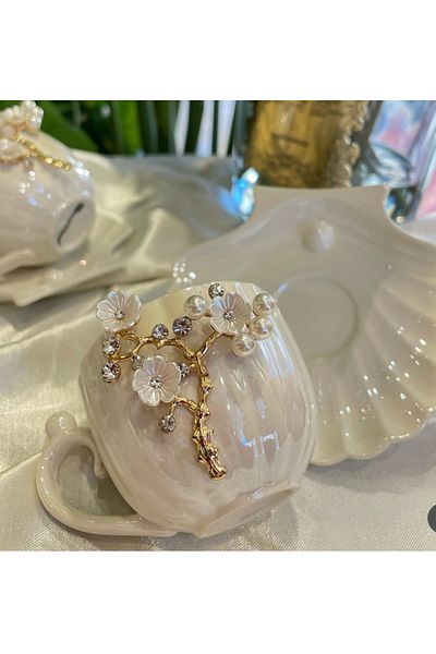 decovien 6 Person 12 Piece Porcelain Oyster Model Cup Set with Pearls (for Turkish Coffee)