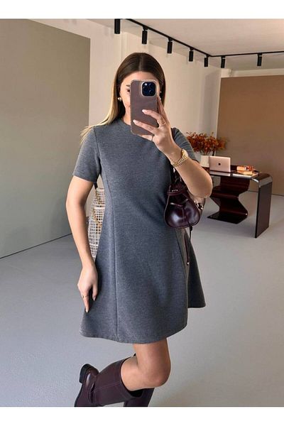 momchi Short Sleeve Ribbed Soft Melange Gray Bell Dress