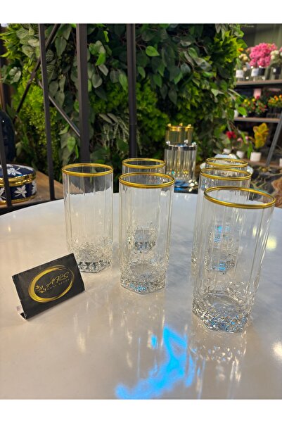 Paşabahçe Ars Pasabahce Valse 6 Pcs Gold Gilded Glass Water Cup, Soft Drink - Soda Glass,