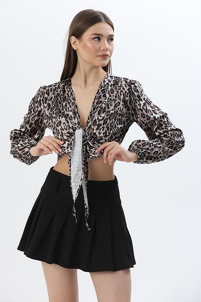 CALİENTE V Neck Waist Tie Satin Design Blouse Leopard