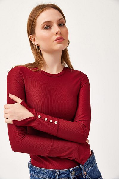 CALİENTE Μπλούζα με λαιμόκοψη με κουμπιά μανίκι Claret Red