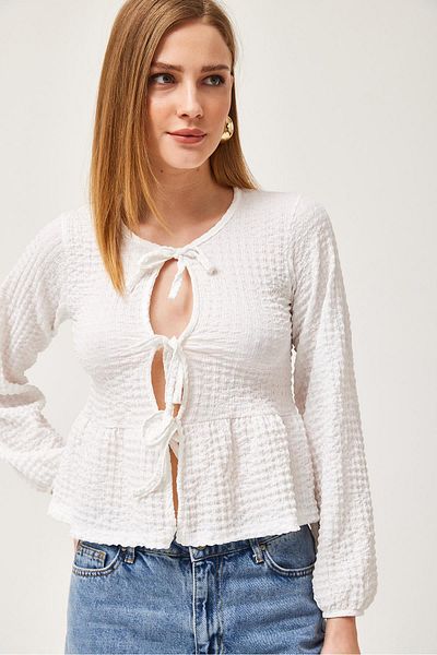 CALİENTE Lace-Up Detailed Stretchy Knitted Blouse White