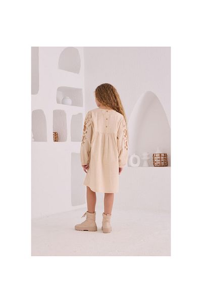 CİCHLİD Girl's Linen Dress with Embroidered Sleeves