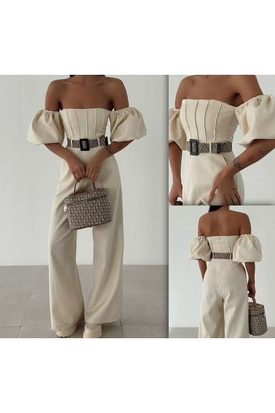 FASHION COCKTAIL Puff Sleeve Belted Straples with Pockets Wide Spanish Trotting High Waist Night Cocktail Invitation Summer Long Jumpsuit