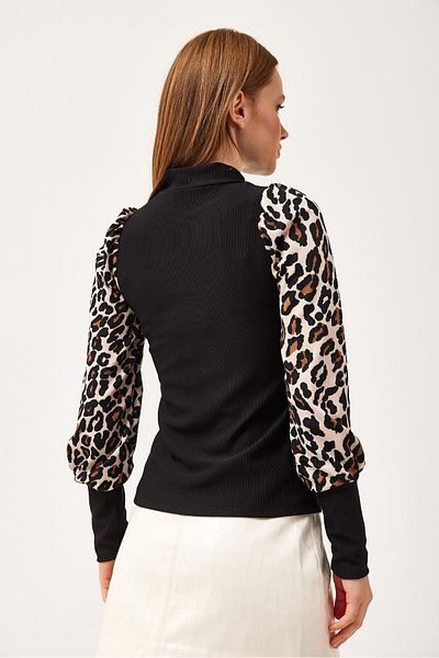 CALİENTE Ottoman Fabric Leopard Pattern Blouse Black