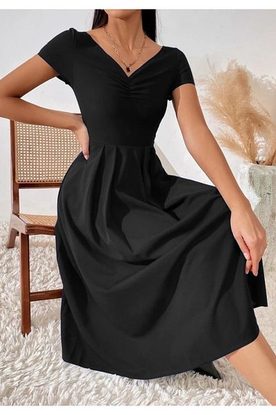 Little Visqon Women's Short Sleeve V-Neck Front Pleated Crepe Dress