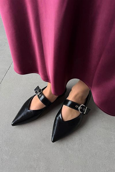 STRASWANS Women's Belt - Wrinkled Leather Ballerinas Black