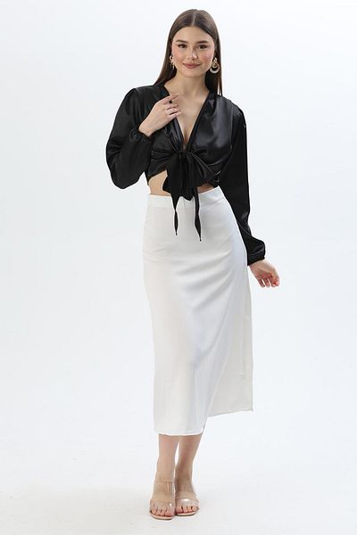 CALİENTE V Neck Waist Tie Satin Design Blouse Black