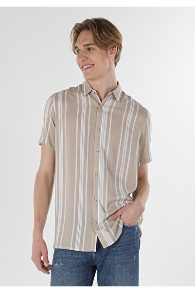 Colin's Regular Fit Shirt Neck Çizgili Erkek Bej Kısa Kol Gömlek