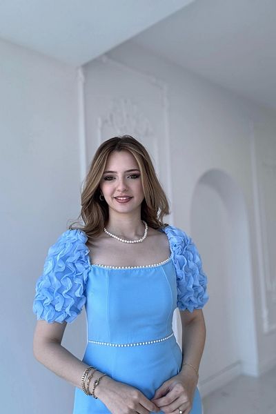HELİS BUTİK Blue Midi Dress with Sleeve Detail