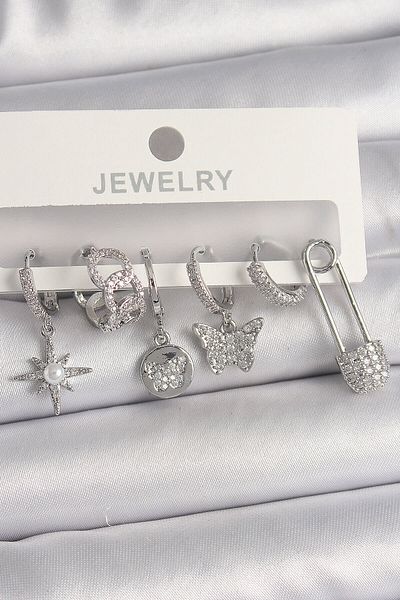 Avantaj Kapıda Brass Silver Color Dangle Zircon Stone Butterfly Figure Women's Earring Set