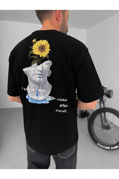 BYBASICMAN Black Back Floral Embroidered Oversize T-Shirt Yp-5049