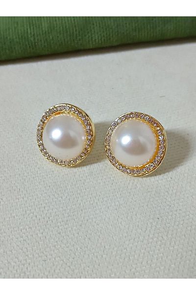 mos&more Gold Zircon Stone Pearl Button Women's Earrings