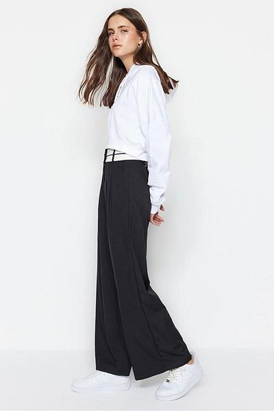 Saade Black High Waist Wide Leg P with Double Batteries and Belt Detail