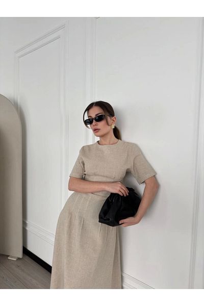 Simala Women's Beige Short Sleeve Long Dress