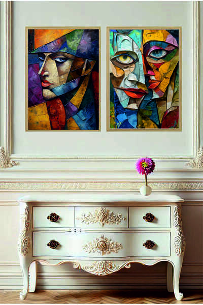 UNT Set de pictură artistică cubistă din 2 piese cu rame din lemn