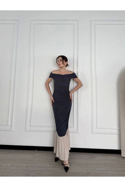 Simala Γυναικείο Smoked Stripper Off Shoulder Μακρύ Φόρεμα