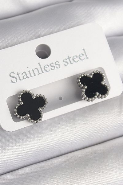 Avantaj Kapıda 316L Steel Silver Color Black Clover Model Women's Earrings