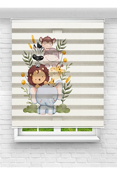 akel collection Safari Hayvanları ve Fil Desenli Baskılı Zebra Stor Perde - Ç...