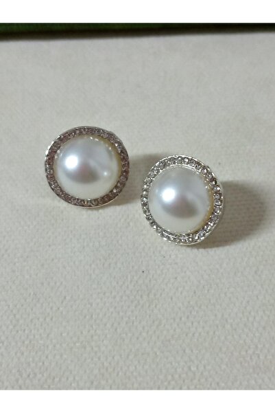 mos&more Gümüş Zirkon Taşlı Incili Düğme Kadın Küpe