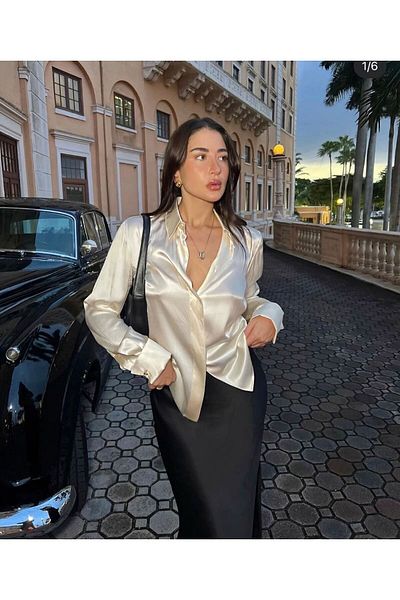 sunfyre Cămașă din satin cu mânecă lungă, elegantă și confortabilă, cu nasturi