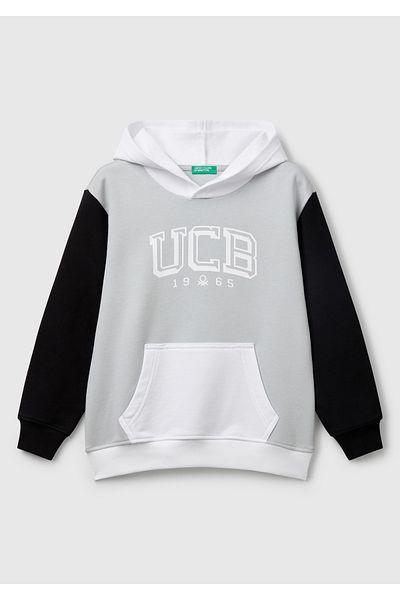 United Colors of Benetton Boy's Gray Benetton Logo Kangaroo Pocket Hooded Sweatshirt