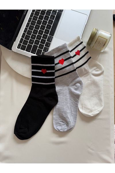 Fakülte Store Heart Patterned Four Stripes 3 Pairs 3 Colors Women's Socks