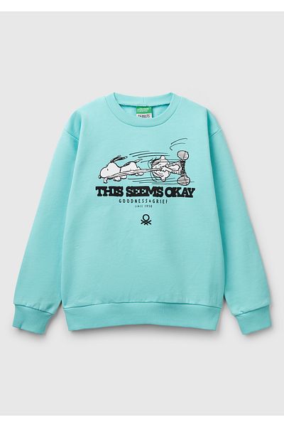 United Colors of Benetton Момчешки суитшърт с кръгло деколте и лого с принт Aqua Green Peanuts