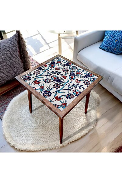 Home Dekoratif Ahşap Kare Sehpa - Çini Desenli Şık Kahve Sehpası