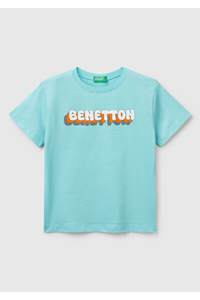 United Colors of Benetton Chlapecké tričko s vodově zeleným logem Benetton s potiskem