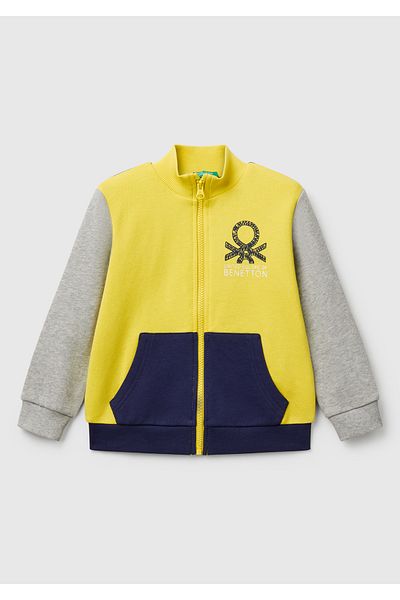 United Colors of Benetton Boy's Yellow Mix Benetton Logo Embroidered Zippered Sweatshirt