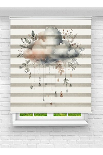 akel collection Boho Tarzı Bulut ve Doğal Desenli Baskılı Zebra Stor Perde - ...