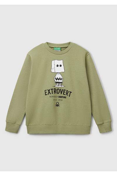 United Colors of Benetton Boy's Khaki Peanuts Printed Logo Label Crew Neck Sweatshirt