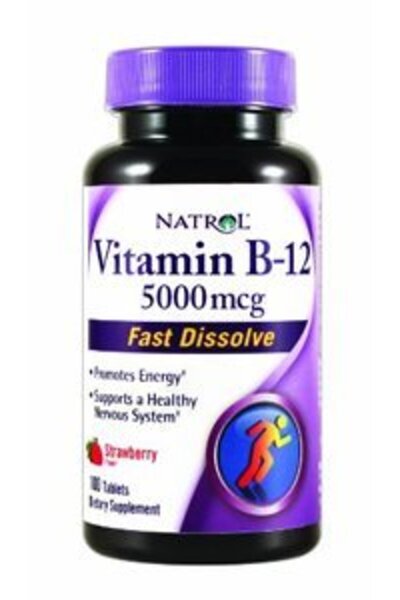 Natrol أقراص فيتامين ب 12 سريعة الذوبان 5000 ميكروجرام، بنكهة الفراولة، 100 ق...