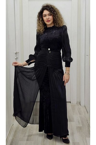 lodmela Βελούδινο βραδινό φόρεμα με λεπτομέρεια λουλουδιών και αφαιρούμενη φούστα 2752-Μαύρο