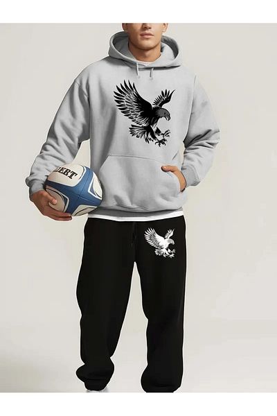 FULL TOLERANCE Yd Desi̇ng Hoodi̇e Sports Eagle Printed Oversize Bottom-Top Set