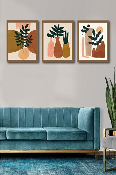 Victor Vallery 3'lü Set Minimal Green Leaves Kanvas Tablo